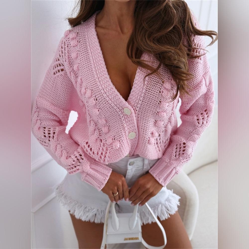 Pink Cable Knit Cardigan Button Up V-Neck Sweater